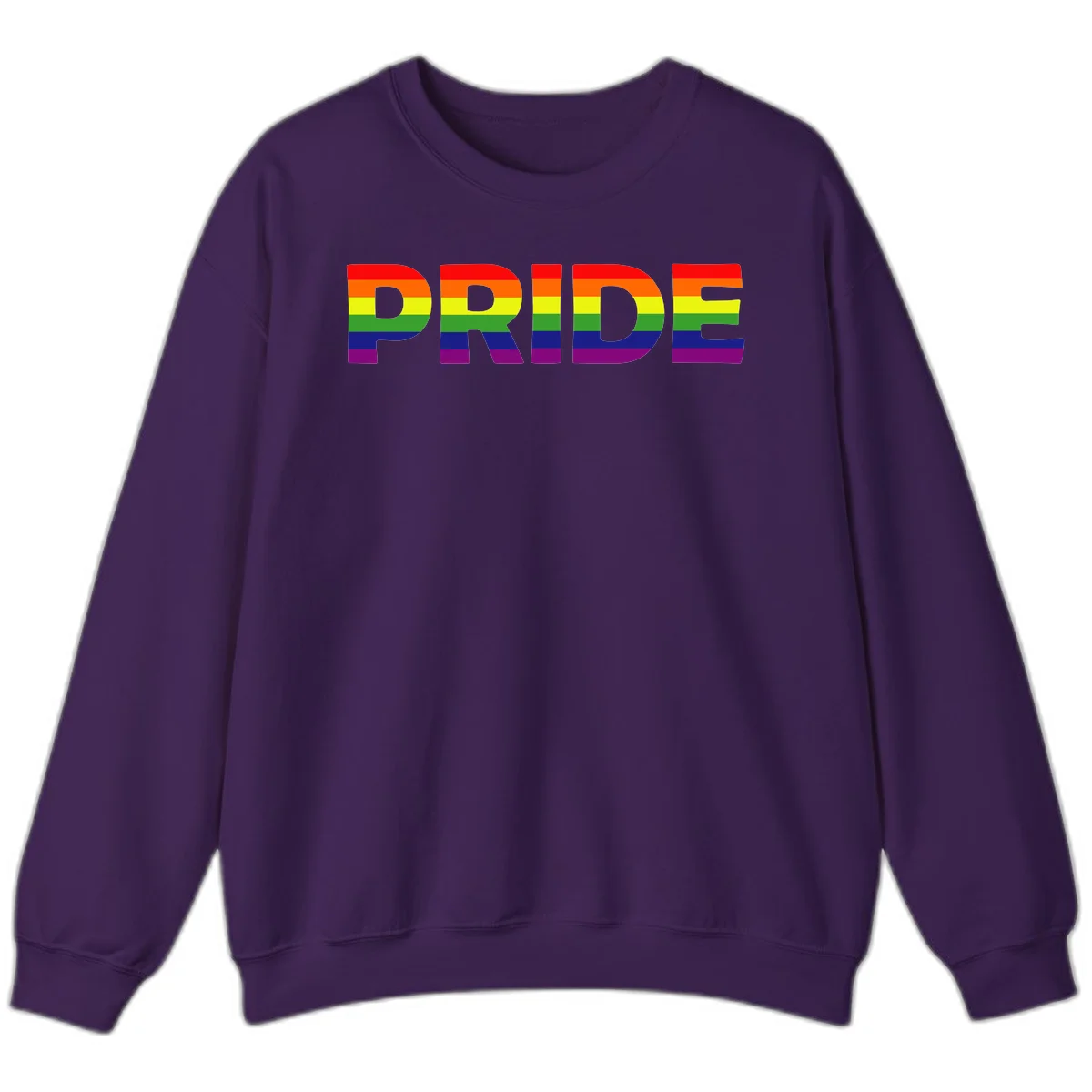 The word PRIDE in large letters filled with rainbow pride flag stripes on gray background in Purple