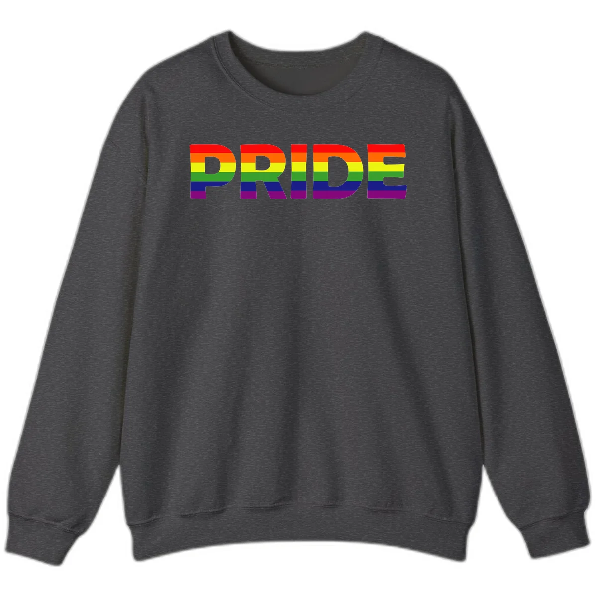 The word PRIDE in large letters filled with rainbow pride flag stripes on gray background in Dark Heather