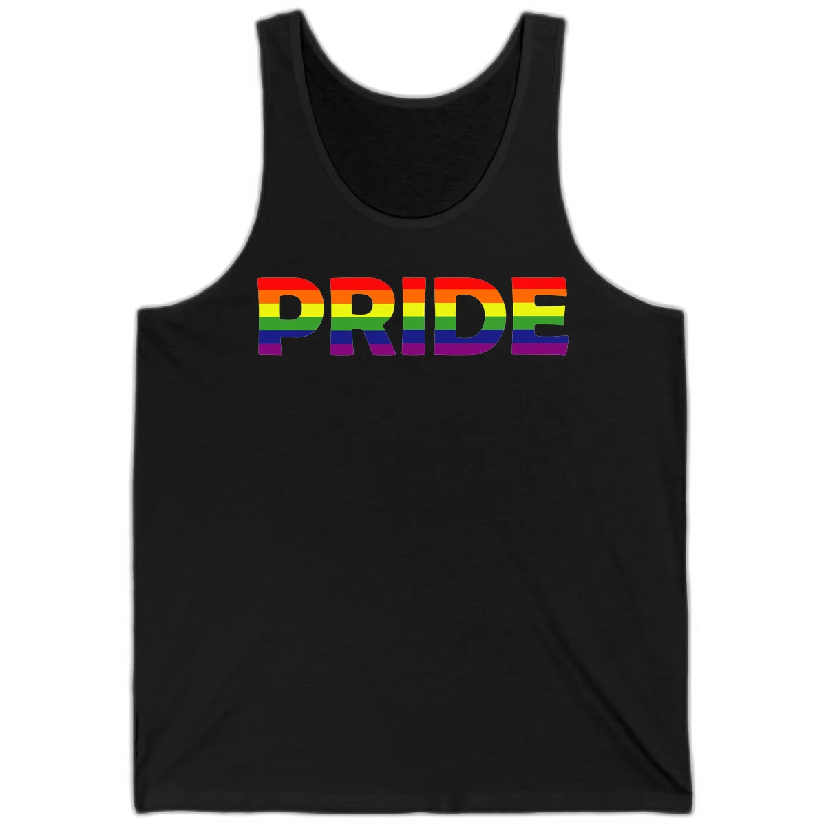 The word PRIDE in large letters filled with rainbow pride flag stripes on gray background in Black