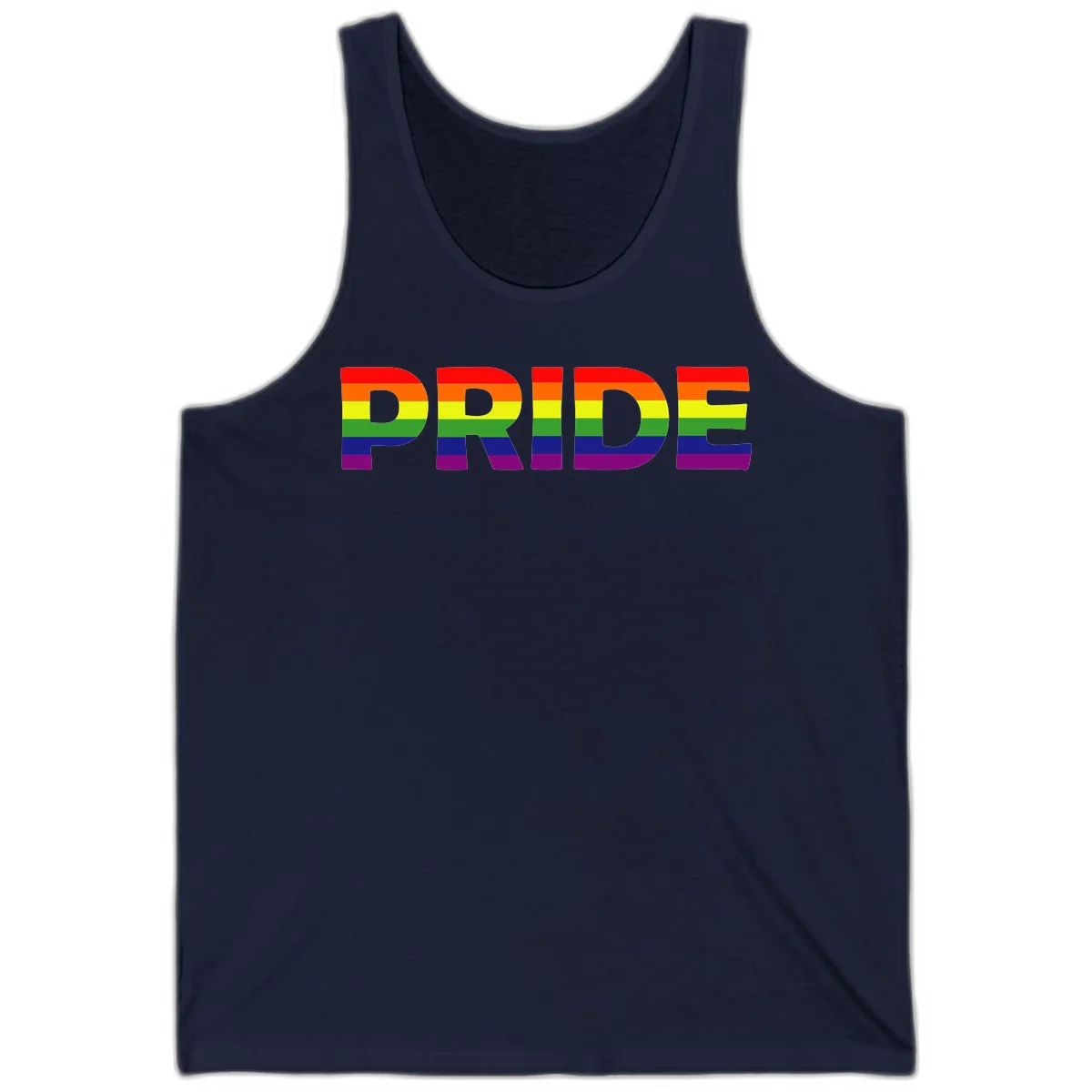 The word PRIDE in large letters filled with rainbow pride flag stripes on gray background in Navy