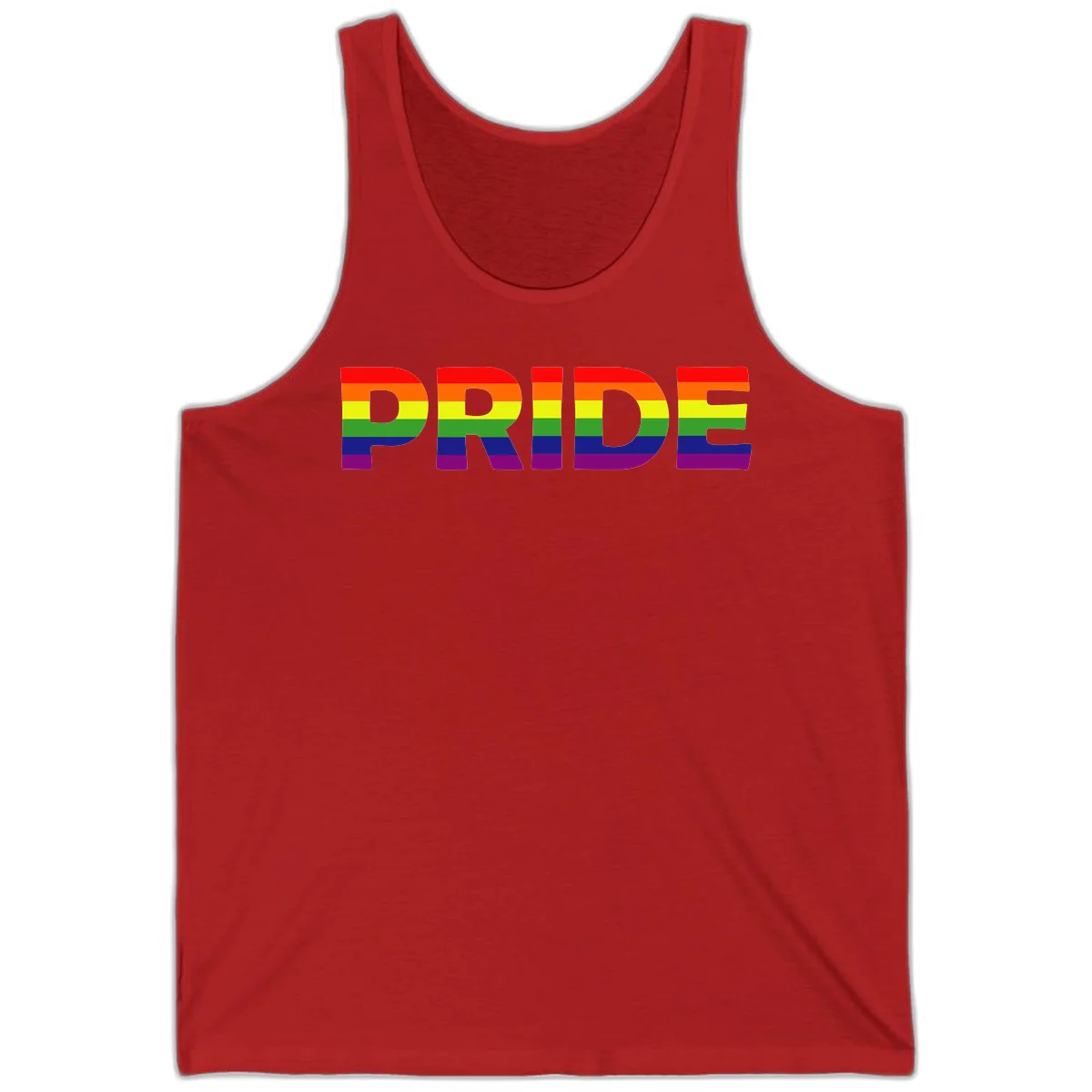 The word PRIDE in large letters filled with rainbow pride flag stripes on gray background in Red