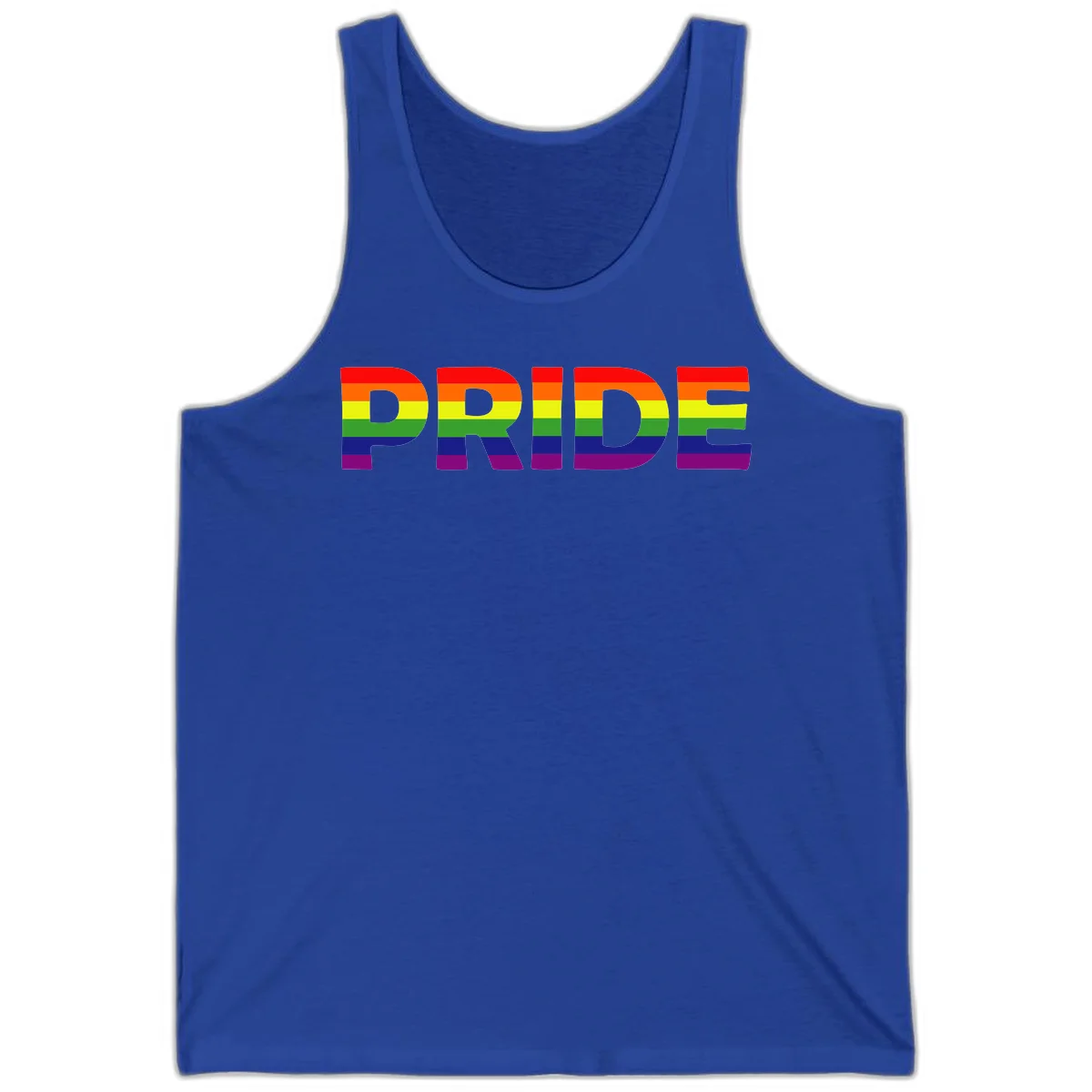 The word PRIDE in large letters filled with rainbow pride flag stripes on gray background in True Royal
