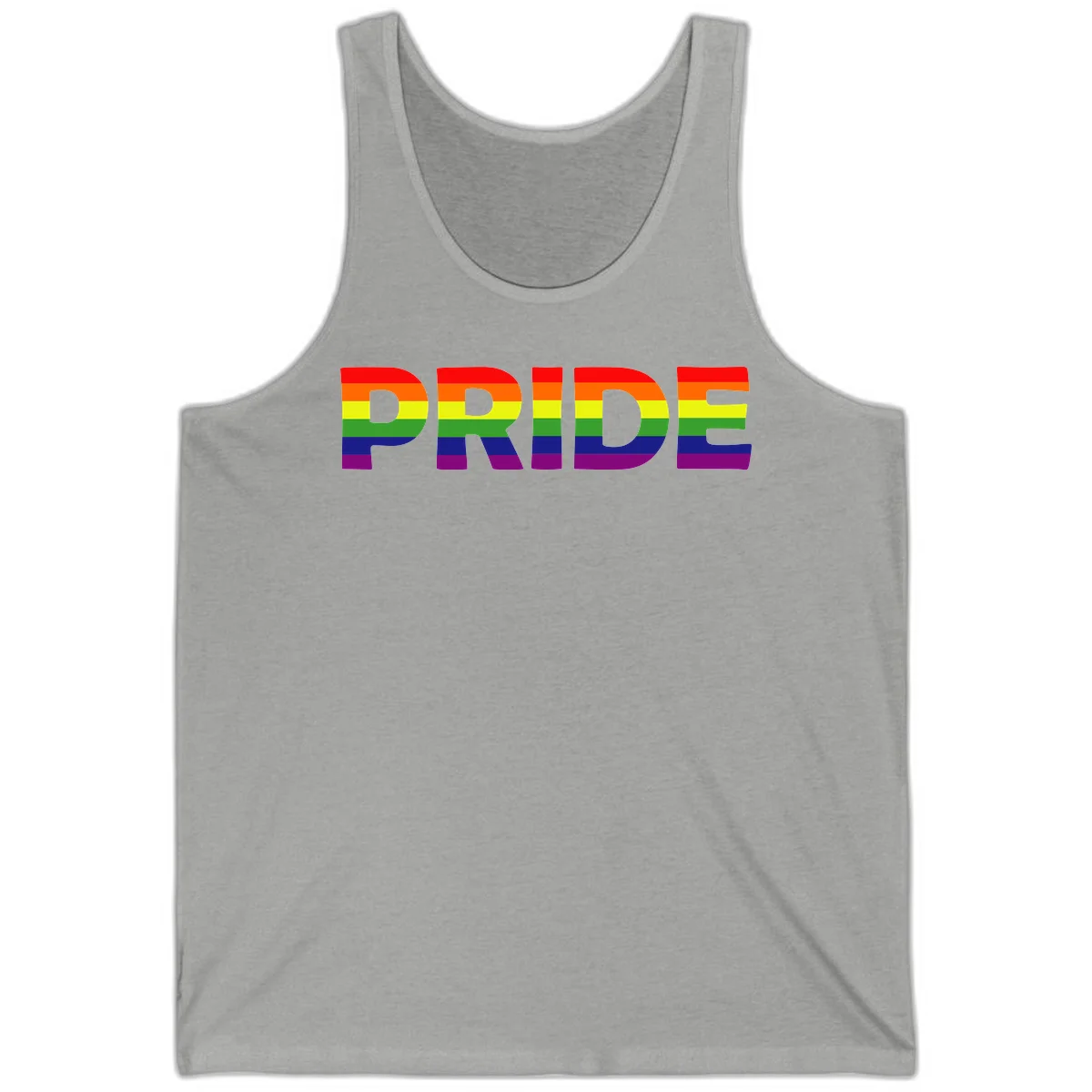 The word PRIDE in large letters filled with rainbow pride flag stripes on gray background in Athletic Heather