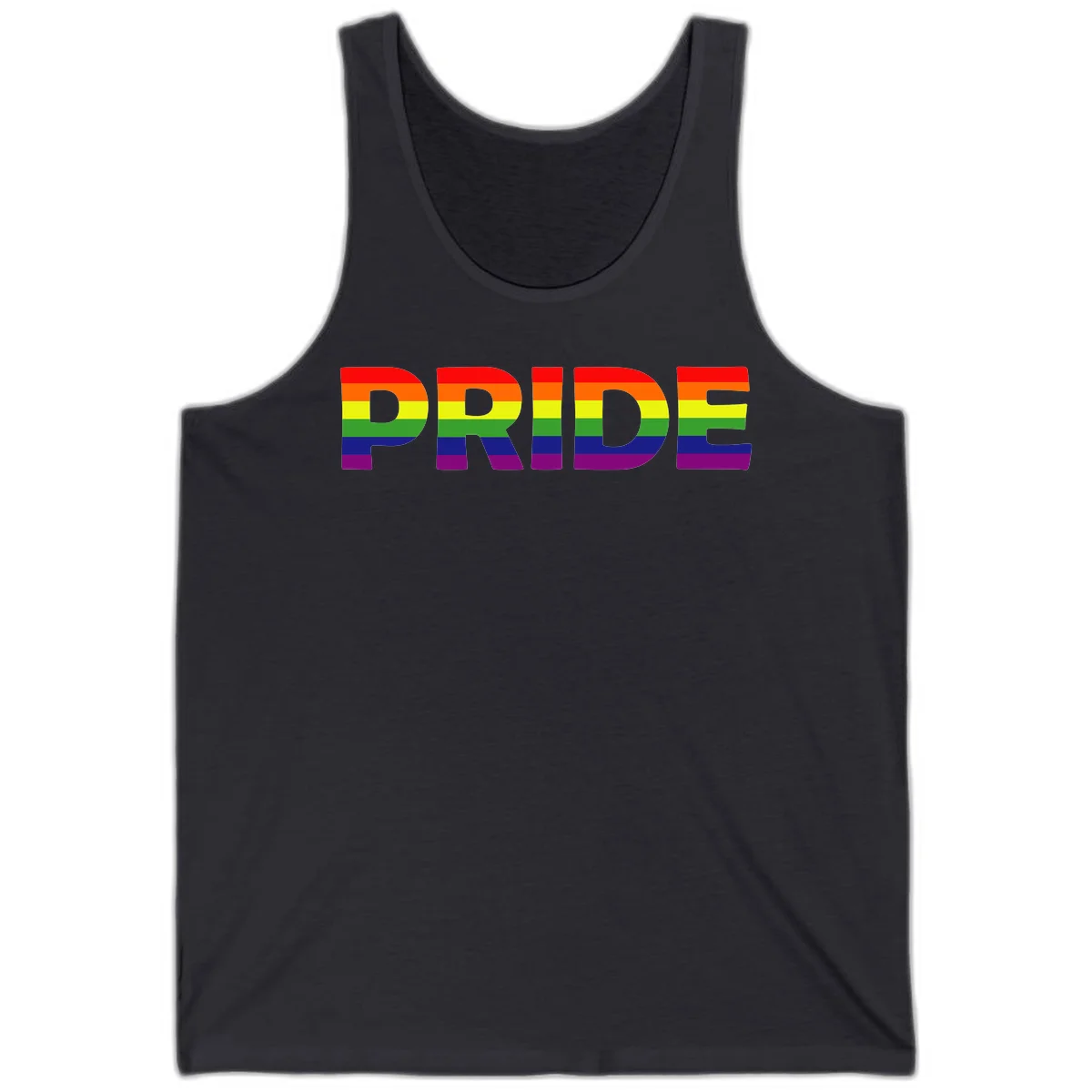 The word PRIDE in large letters filled with rainbow pride flag stripes on gray background in Dark Grey
