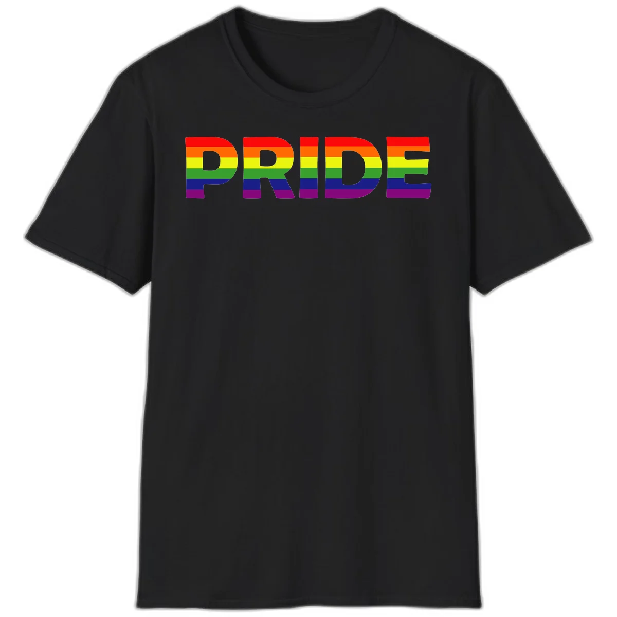 The word PRIDE in large letters filled with rainbow pride flag stripes on gray background in Black