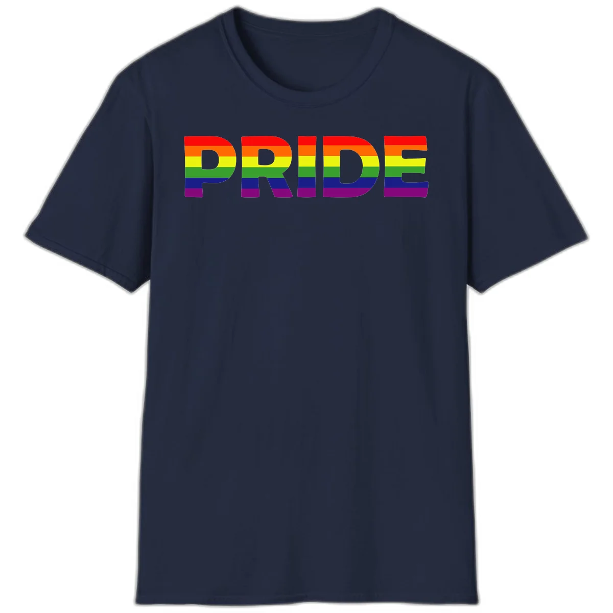 The word PRIDE in large letters filled with rainbow pride flag stripes on gray background in Navy