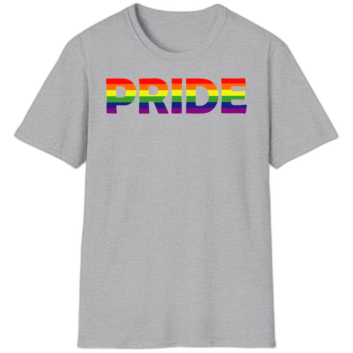 The word PRIDE in large letters filled with rainbow pride flag stripes on gray background in Sport Grey
