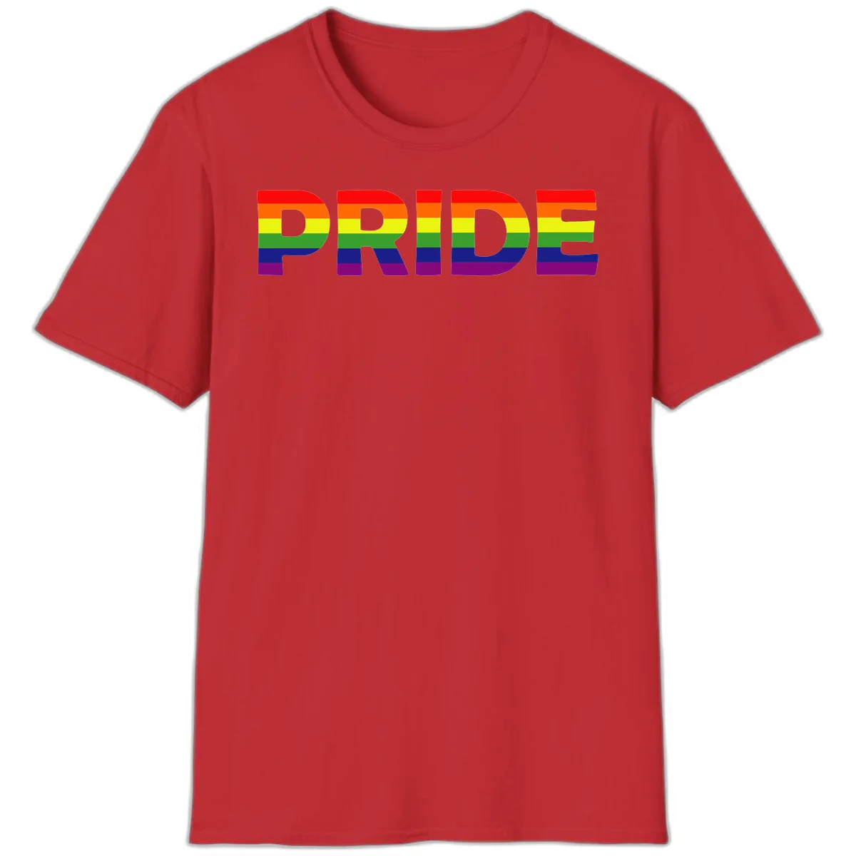 The word PRIDE in large letters filled with rainbow pride flag stripes on gray background in Red