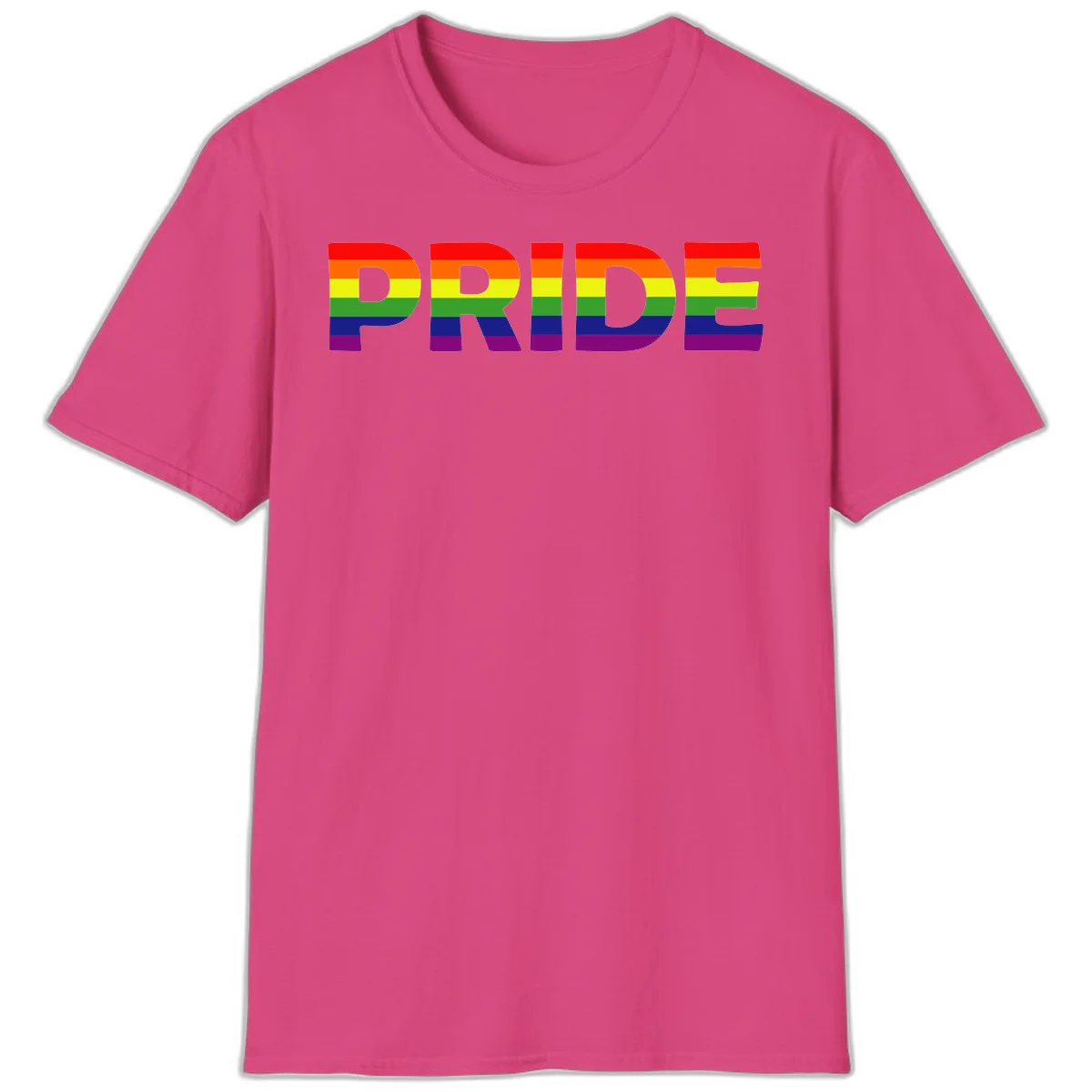 The word PRIDE in large letters filled with rainbow pride flag stripes on gray background in Heliconia