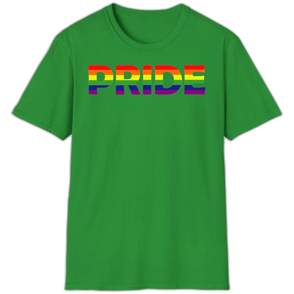 The word PRIDE in large letters filled with rainbow pride flag stripes on gray background in Irish Green
