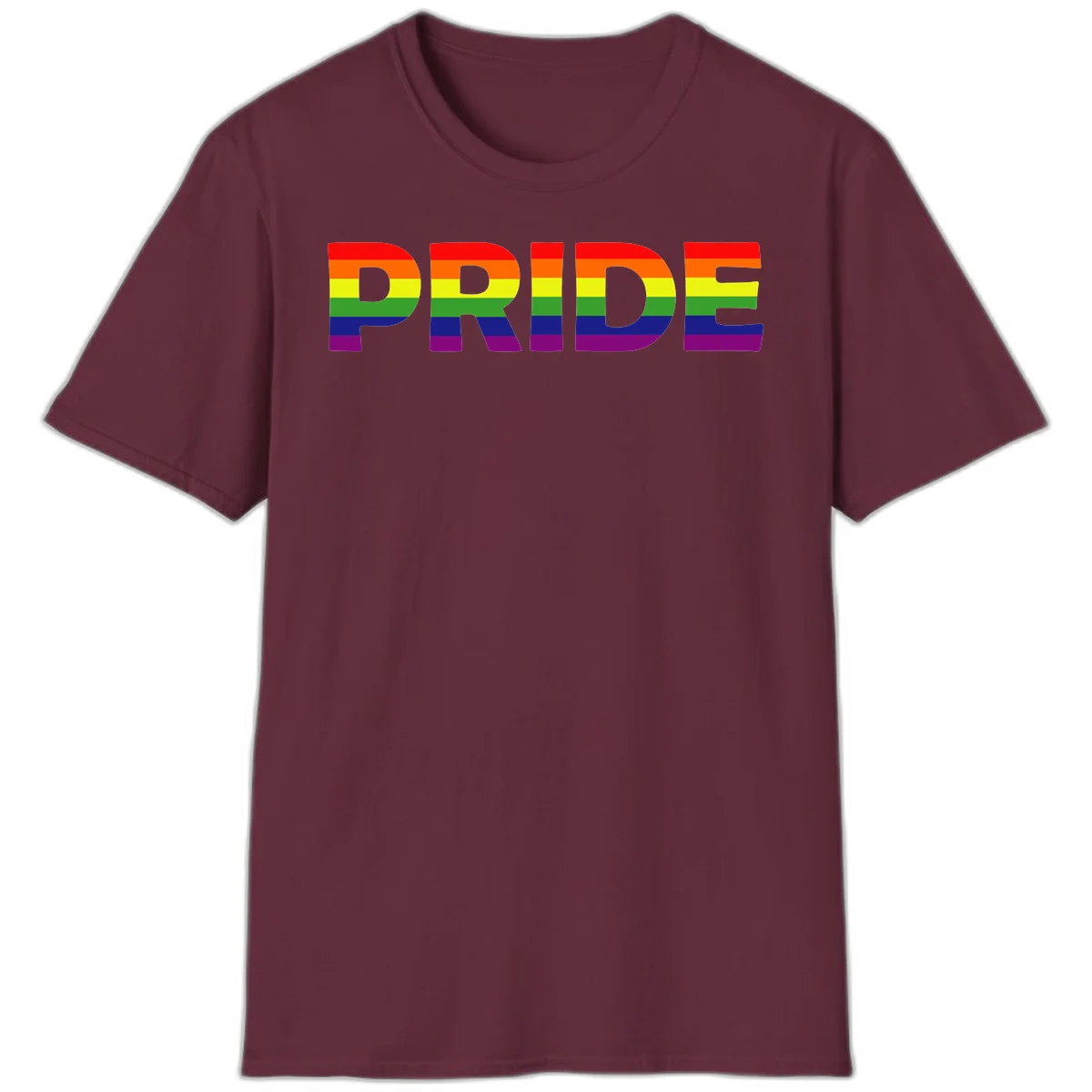 The word PRIDE in large letters filled with rainbow pride flag stripes on gray background in Maroon