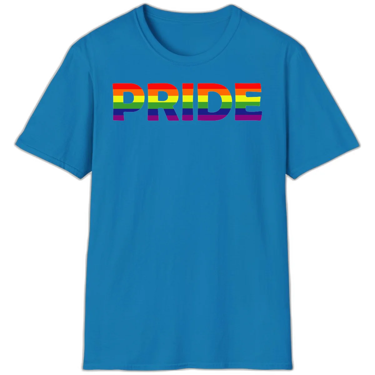 The word PRIDE in large letters filled with rainbow pride flag stripes on gray background in Sapphire