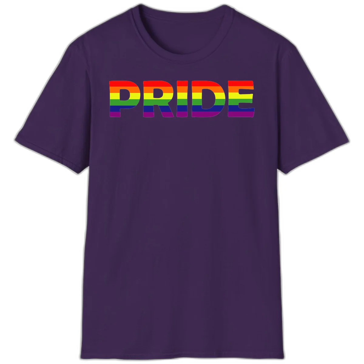 The word PRIDE in large letters filled with rainbow pride flag stripes on gray background in Purple