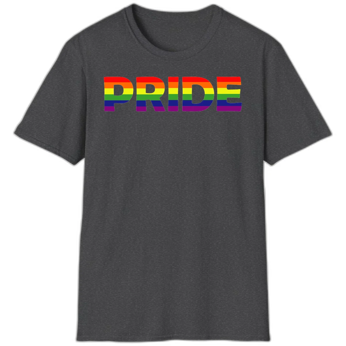 The word PRIDE in large letters filled with rainbow pride flag stripes on gray background in Dark Heather