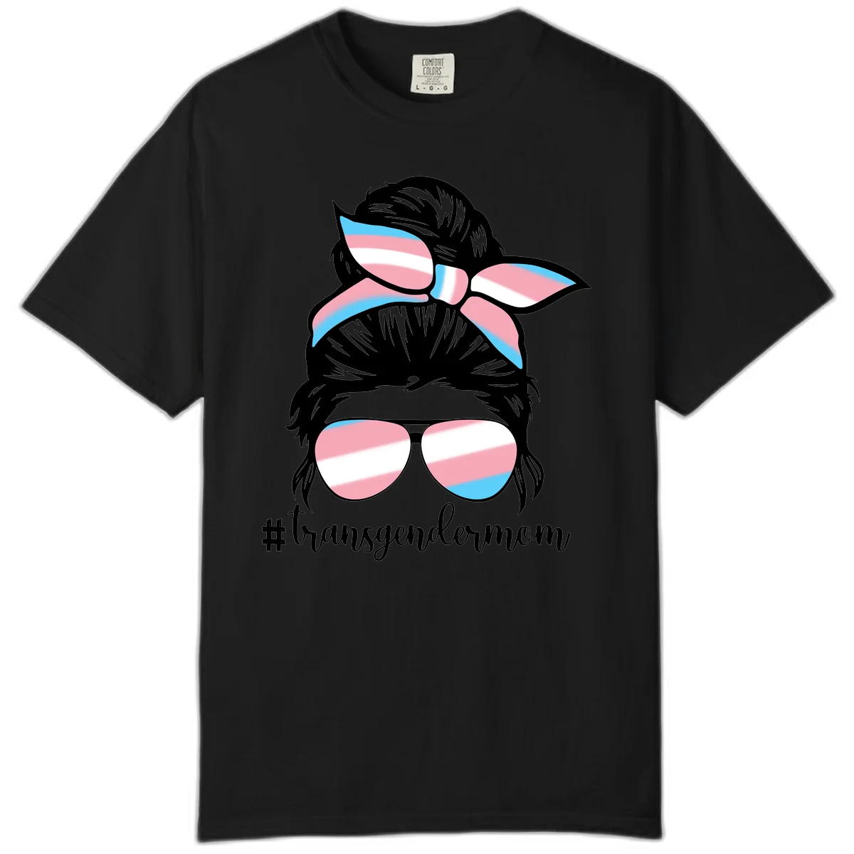 Stylized portrait with black hair, cat-eye sunglasses and bow in transgender flag colors, #transgendermom text below in Black