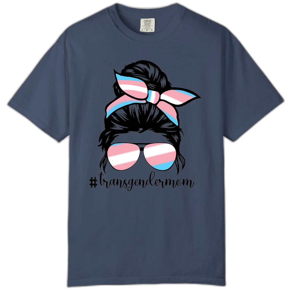 Stylized portrait with black hair, cat-eye sunglasses and bow in transgender flag colors, #transgendermom text below in Midnight