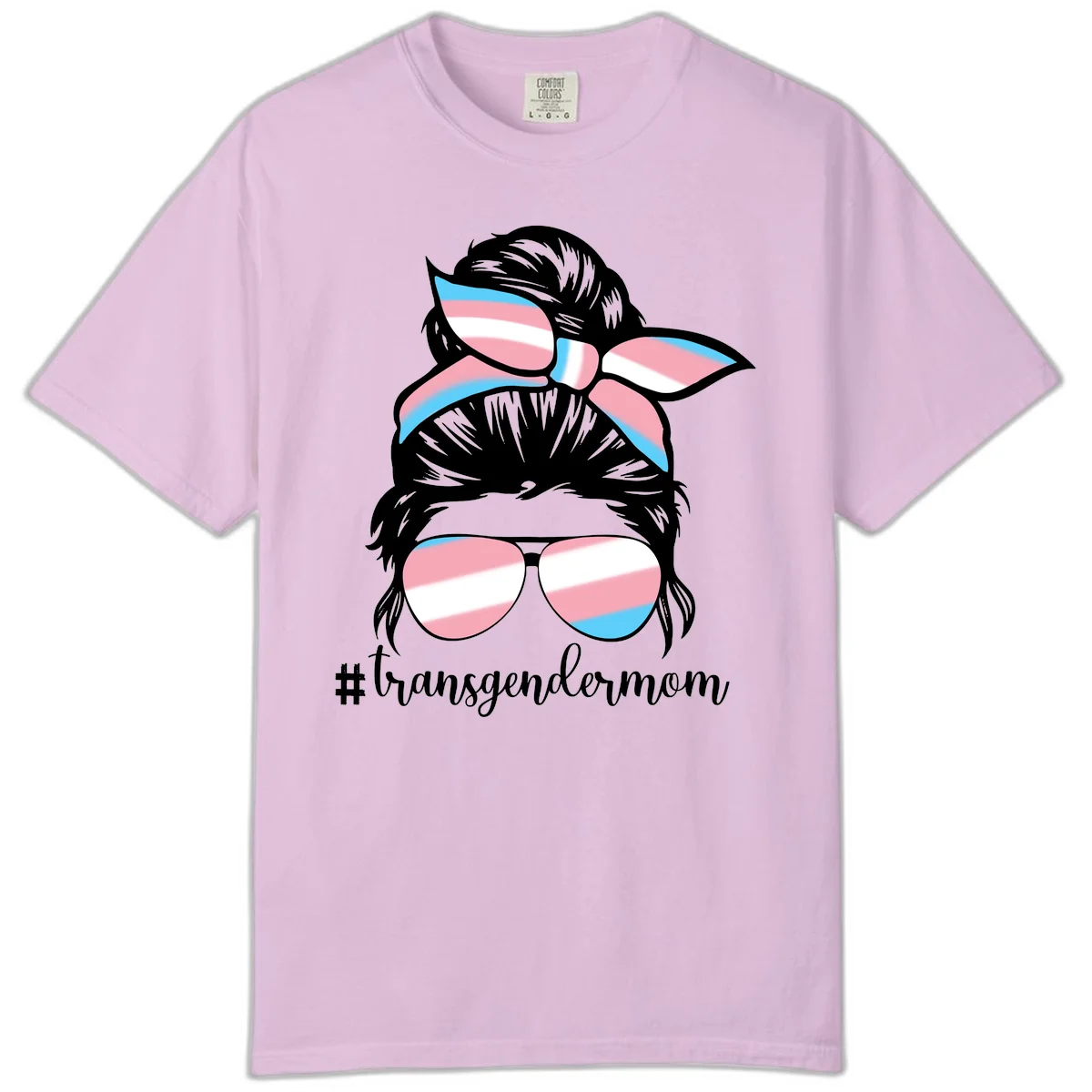 Stylized portrait with black hair, cat-eye sunglasses and bow in transgender flag colors, #transgendermom text below in Orchid