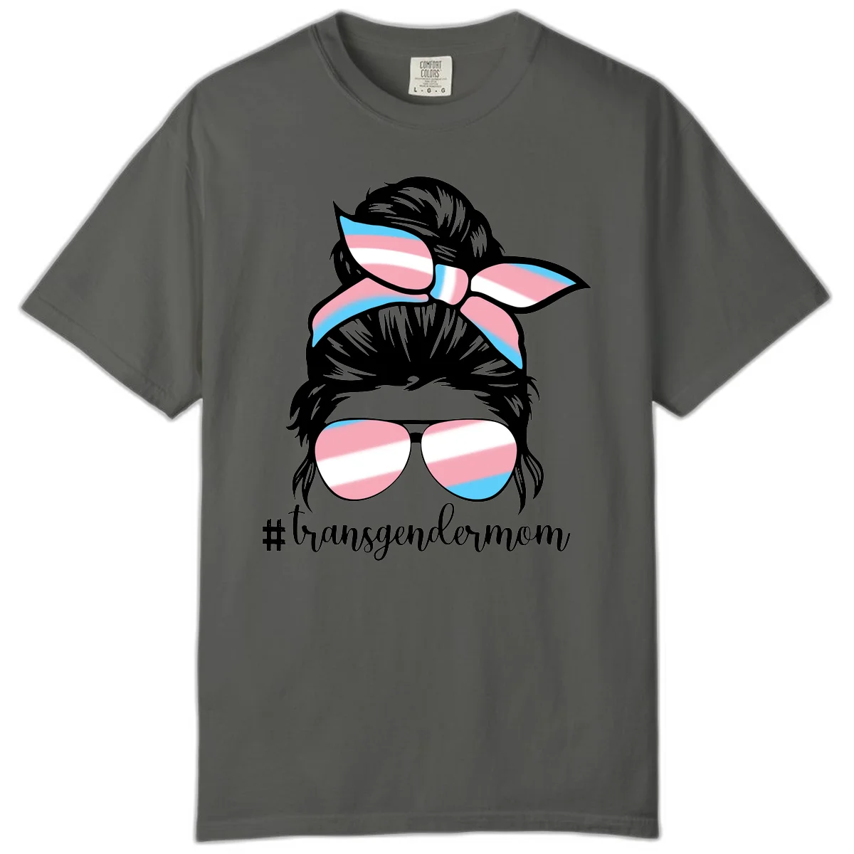 Stylized portrait with black hair, cat-eye sunglasses and bow in transgender flag colors, #transgendermom text below in Pepper