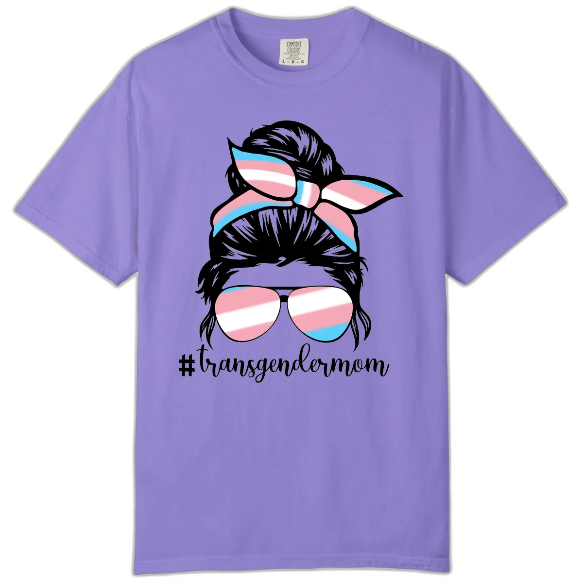 Stylized portrait with black hair, cat-eye sunglasses and bow in transgender flag colors, #transgendermom text below in Violet