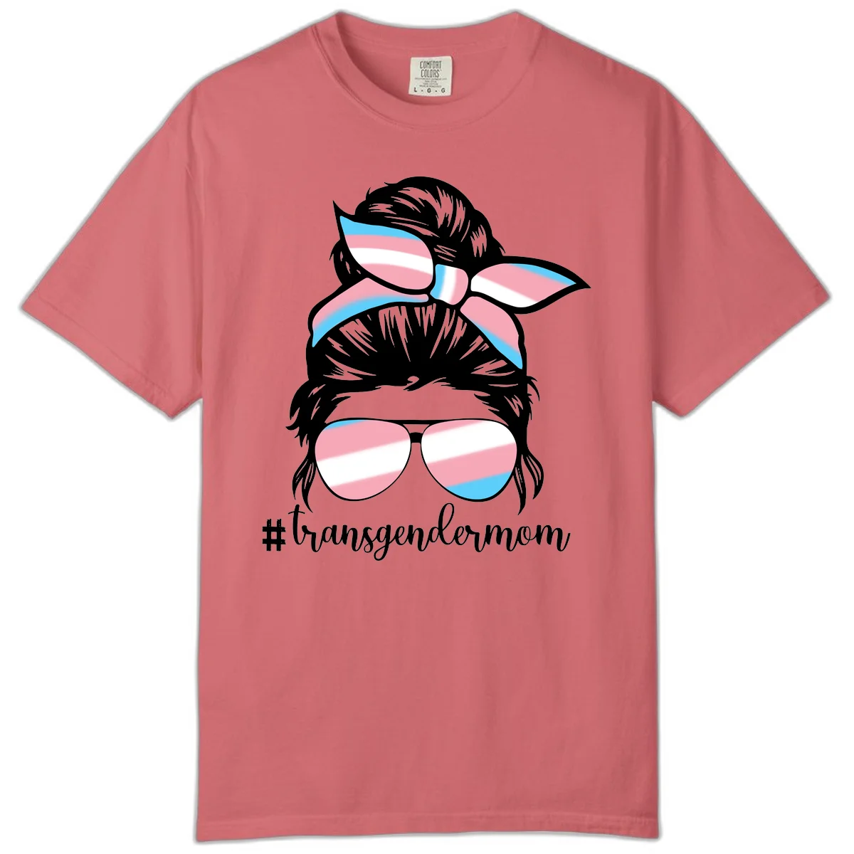 Stylized portrait with black hair, cat-eye sunglasses and bow in transgender flag colors, #transgendermom text below in Watermelon