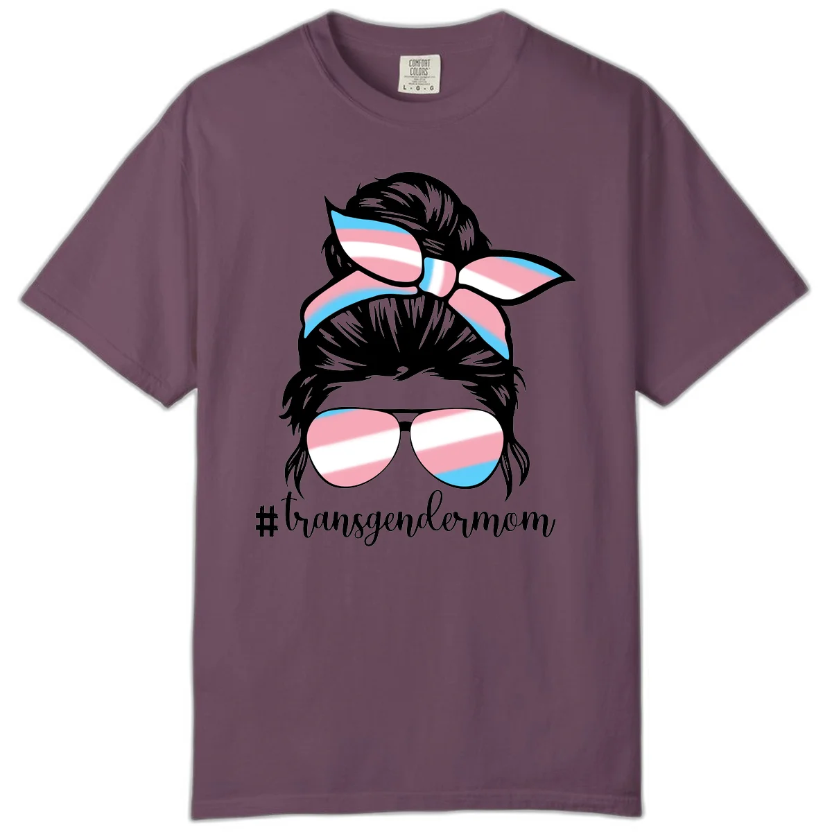 Stylized portrait with black hair, cat-eye sunglasses and bow in transgender flag colors, #transgendermom text below in Berry