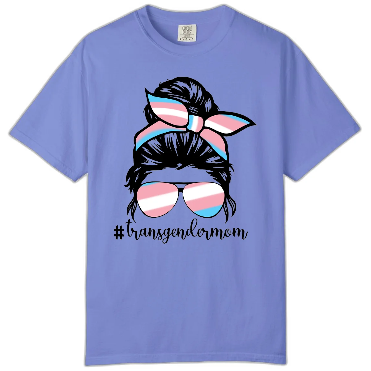 Stylized portrait with black hair, cat-eye sunglasses and bow in transgender flag colors, #transgendermom text below in Flo Blue
