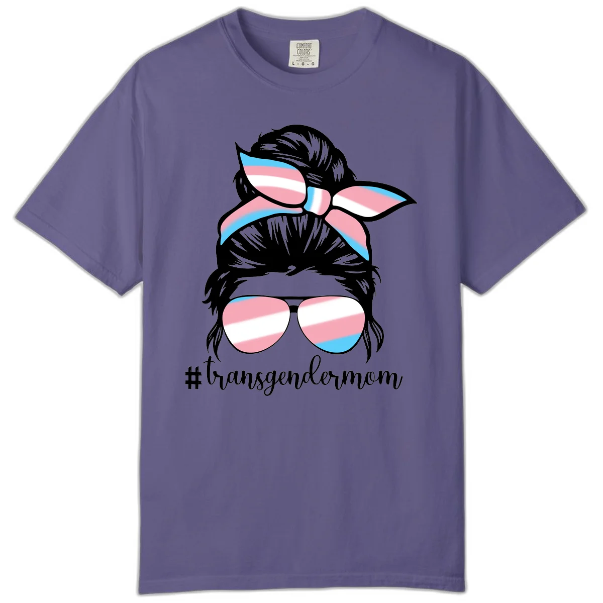 Stylized portrait with black hair, cat-eye sunglasses and bow in transgender flag colors, #transgendermom text below in Grape