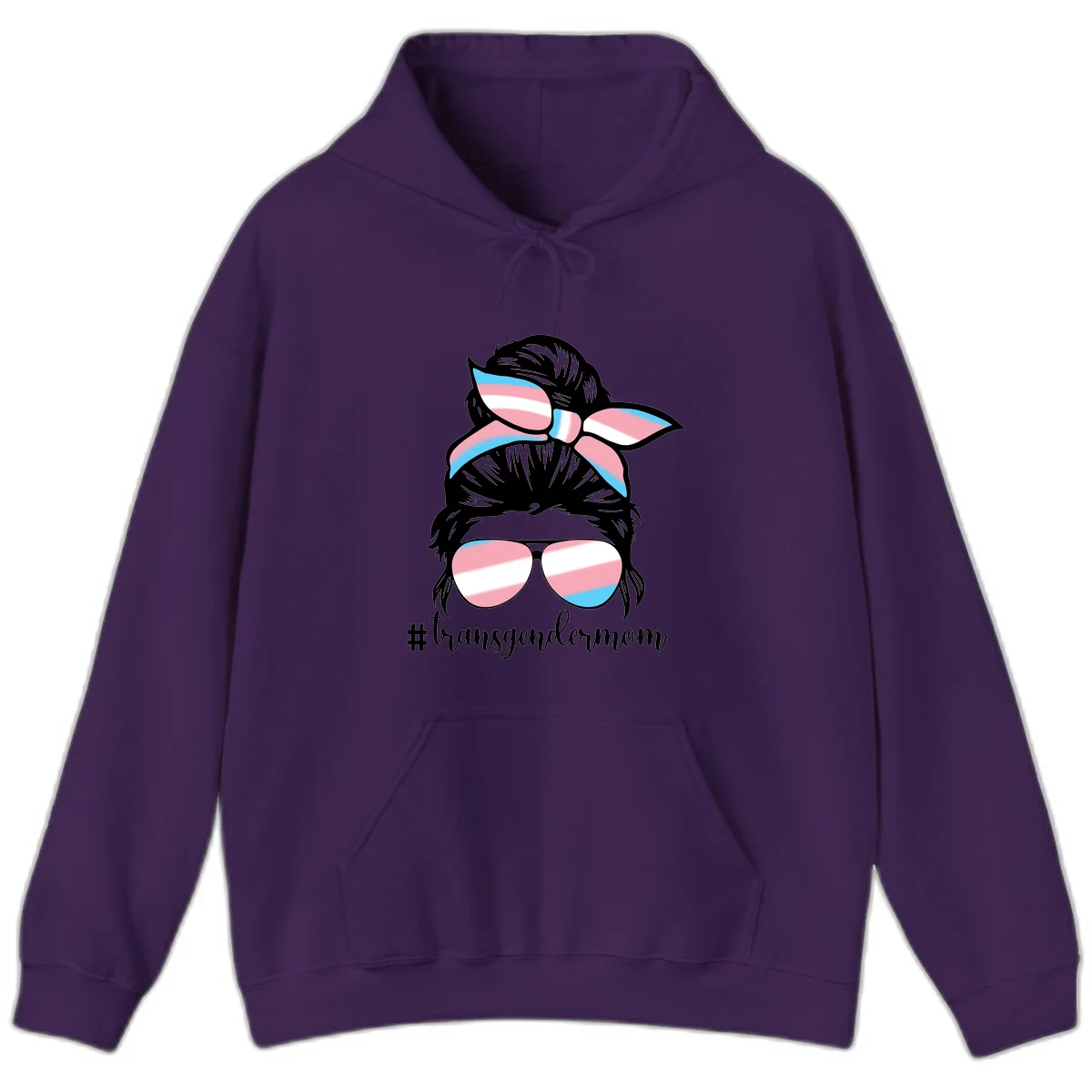 Stylized portrait with black hair, cat-eye sunglasses and bow in transgender flag colors, #transgendermom text below in Purple