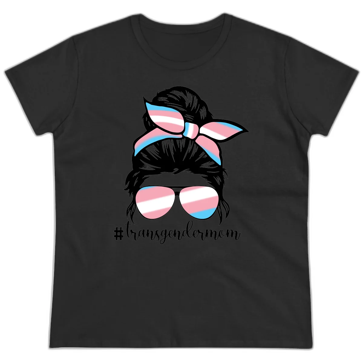 Stylized portrait with black hair, cat-eye sunglasses and bow in transgender flag colors, #transgendermom text below in Black