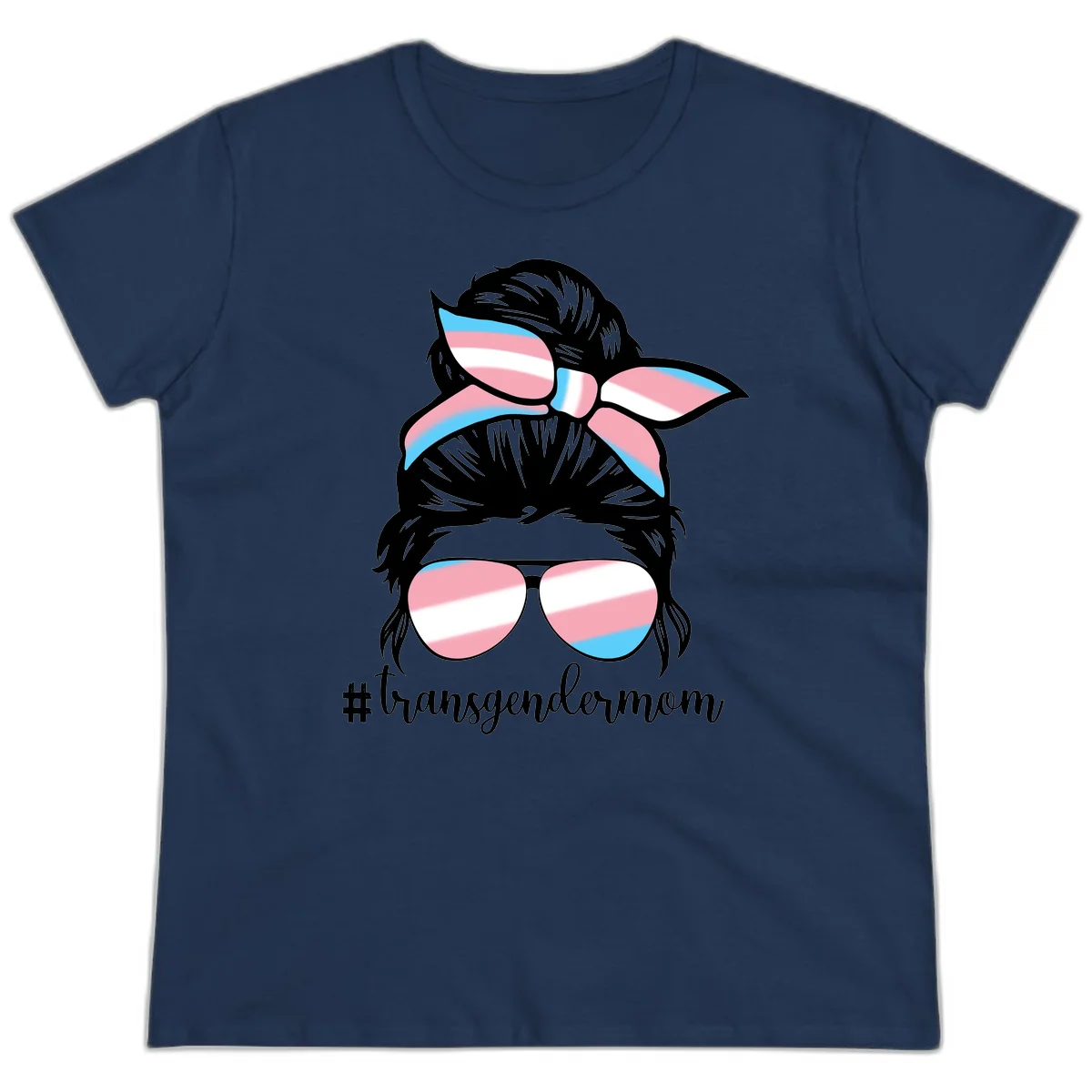 Stylized portrait with black hair, cat-eye sunglasses and bow in transgender flag colors, #transgendermom text below in Navy