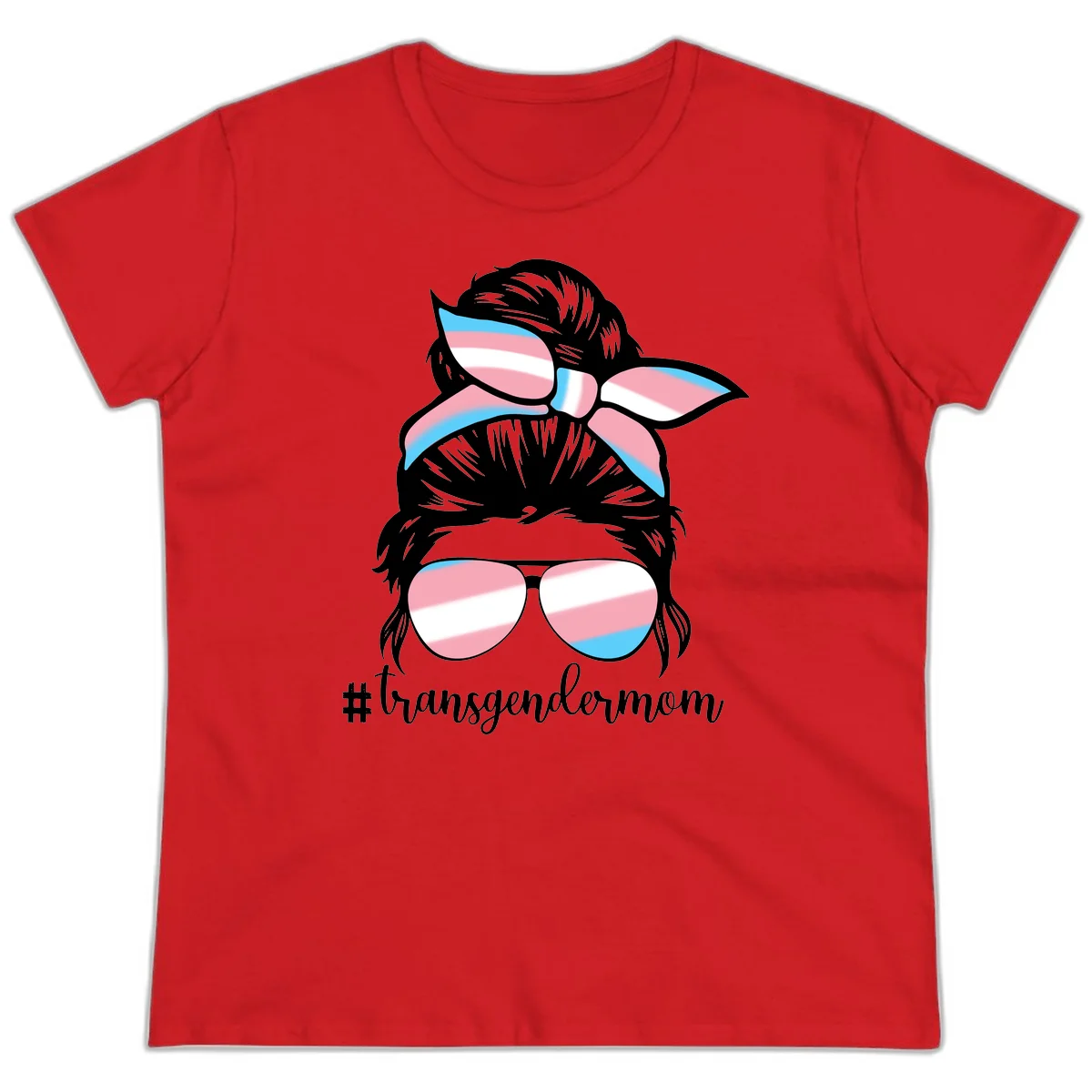Stylized portrait with black hair, cat-eye sunglasses and bow in transgender flag colors, #transgendermom text below in Red