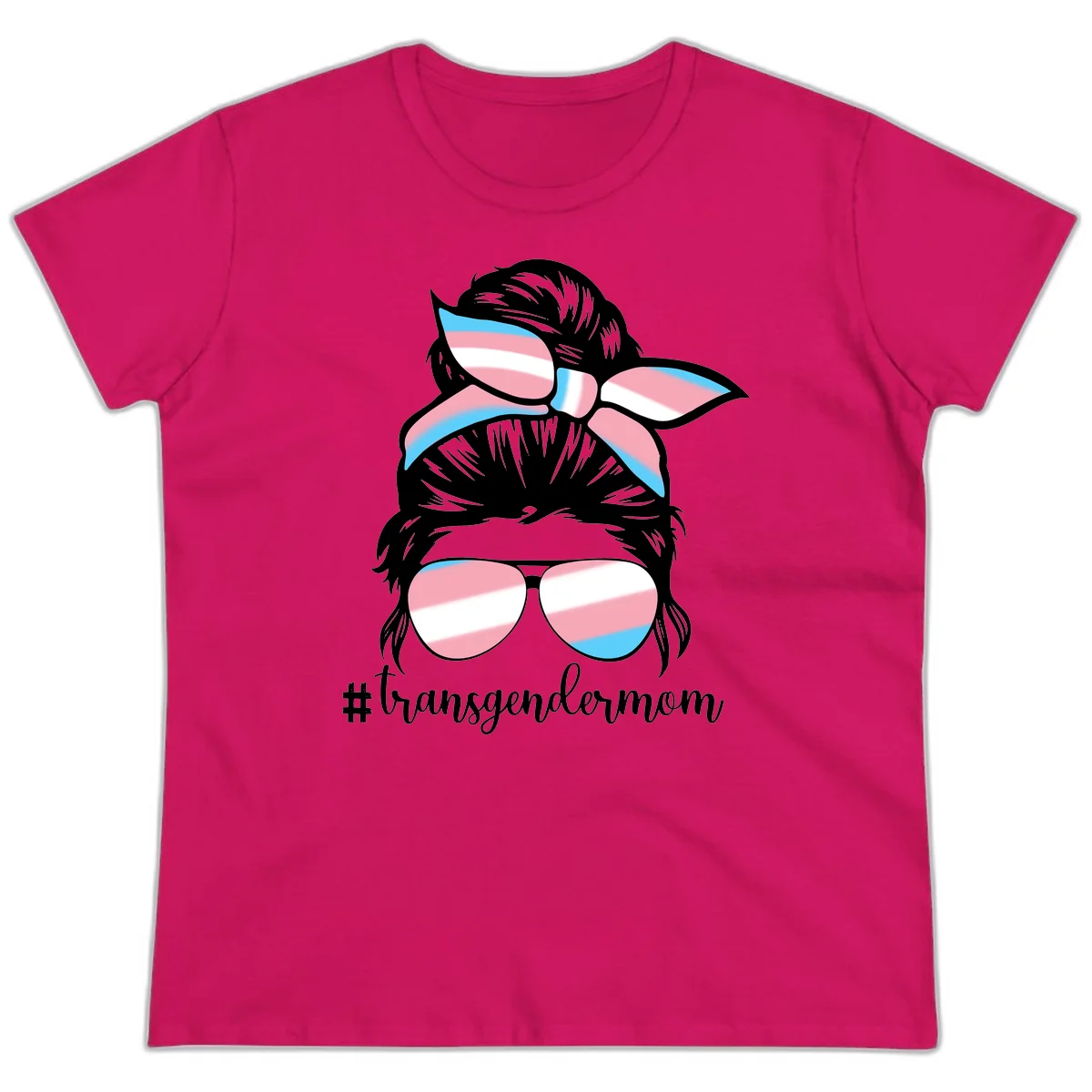 Stylized portrait with black hair, cat-eye sunglasses and bow in transgender flag colors, #transgendermom text below in Heliconia