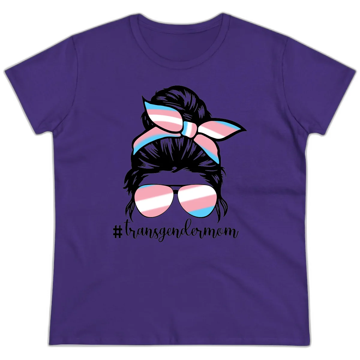 Stylized portrait with black hair, cat-eye sunglasses and bow in transgender flag colors, #transgendermom text below in Purple