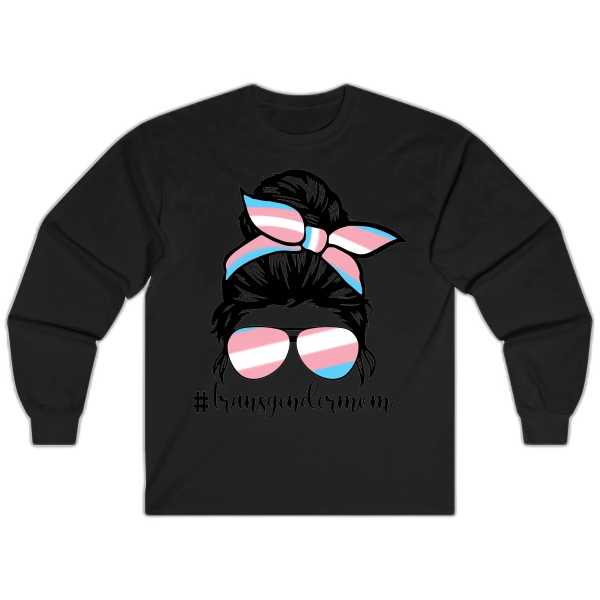 Stylized portrait with black hair, cat-eye sunglasses and bow in transgender flag colors, #transgendermom text below in Black