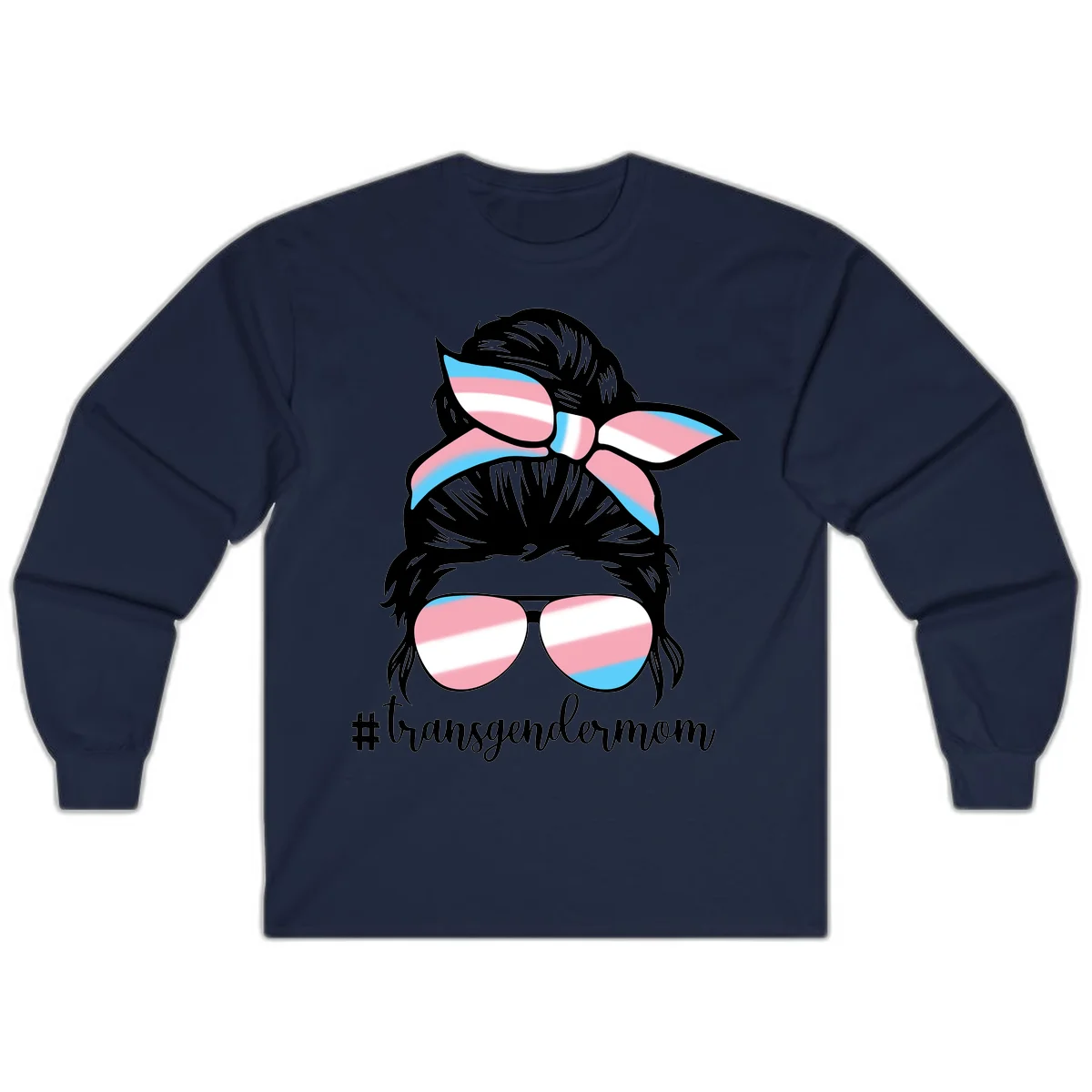 Stylized portrait with black hair, cat-eye sunglasses and bow in transgender flag colors, #transgendermom text below in Navy