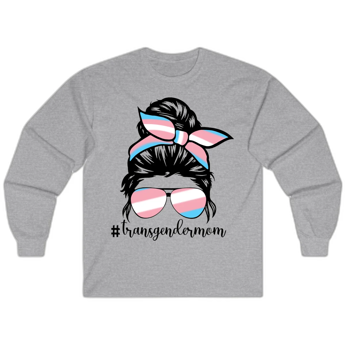Stylized portrait with black hair, cat-eye sunglasses and bow in transgender flag colors, #transgendermom text below in Sport Grey
