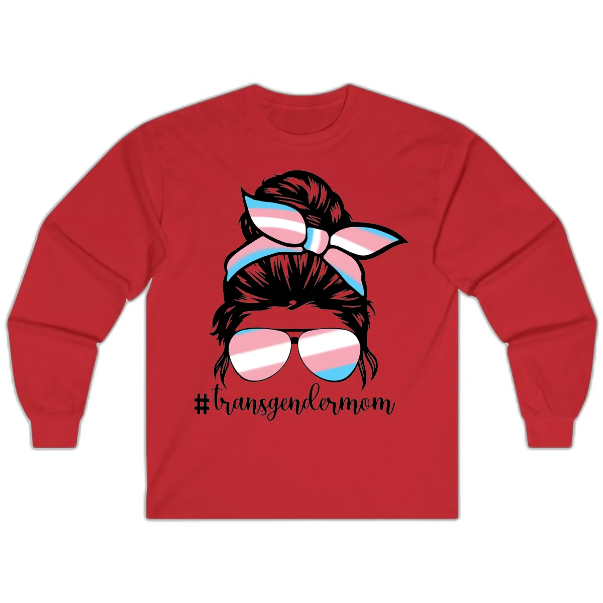 Stylized portrait with black hair, cat-eye sunglasses and bow in transgender flag colors, #transgendermom text below in Red