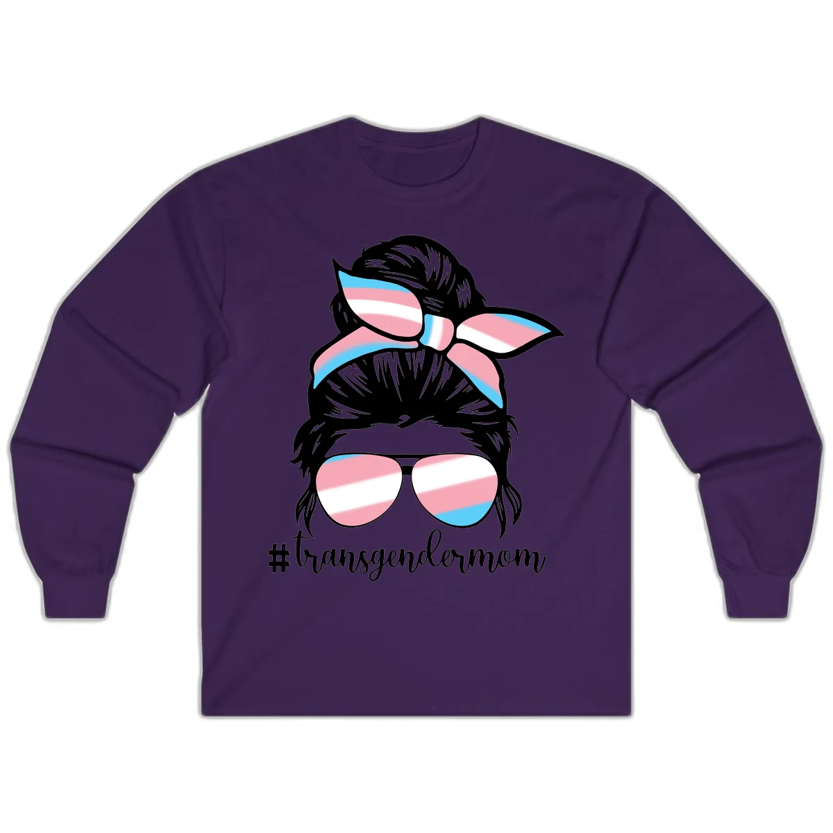 Stylized portrait with black hair, cat-eye sunglasses and bow in transgender flag colors, #transgendermom text below in Purple