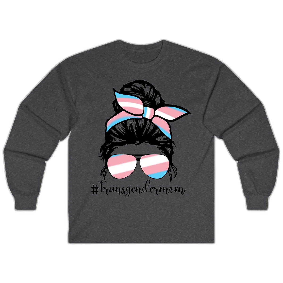 Stylized portrait with black hair, cat-eye sunglasses and bow in transgender flag colors, #transgendermom text below in Dark Heather