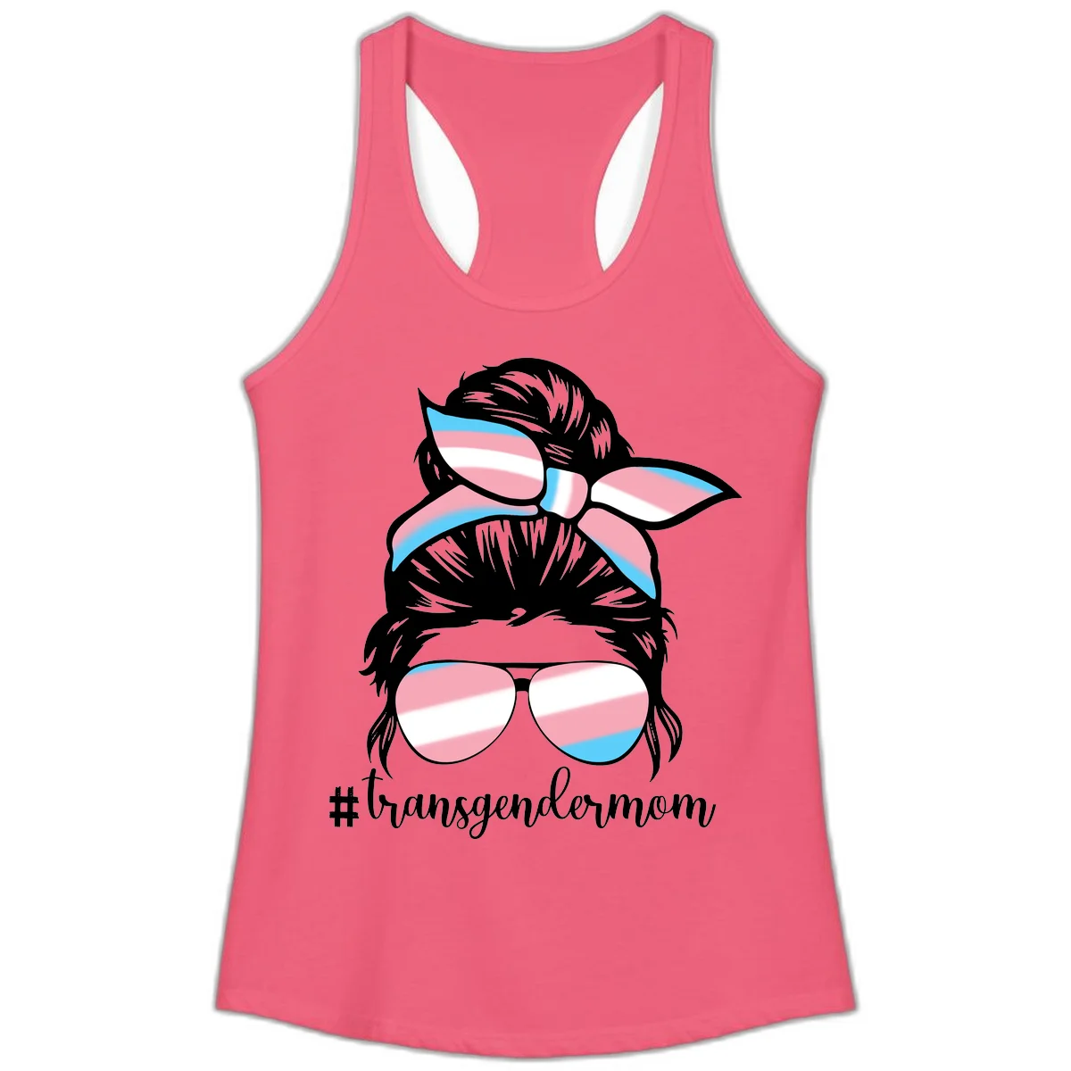 Stylized portrait with black hair, cat-eye sunglasses and bow in transgender flag colors, #transgendermom text below in Hot Pink
