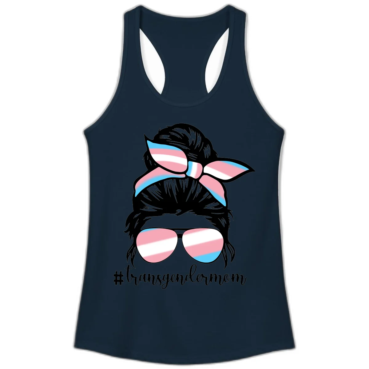 Stylized portrait with black hair, cat-eye sunglasses and bow in transgender flag colors, #transgendermom text below in Solid Midnight Navy