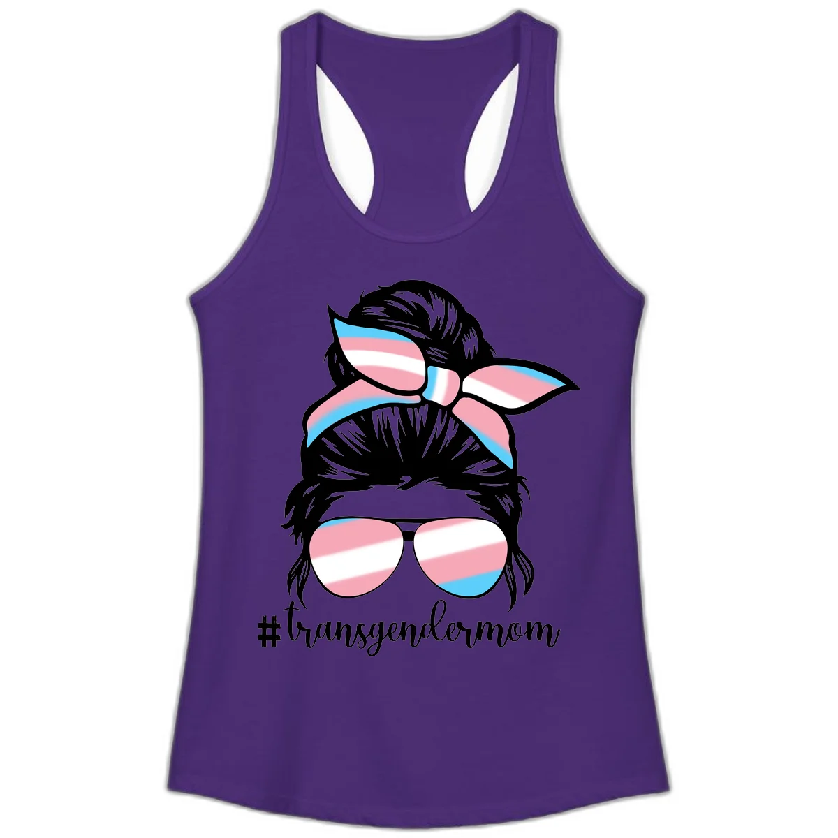 Stylized portrait with black hair, cat-eye sunglasses and bow in transgender flag colors, #transgendermom text below in Solid Purple Rush