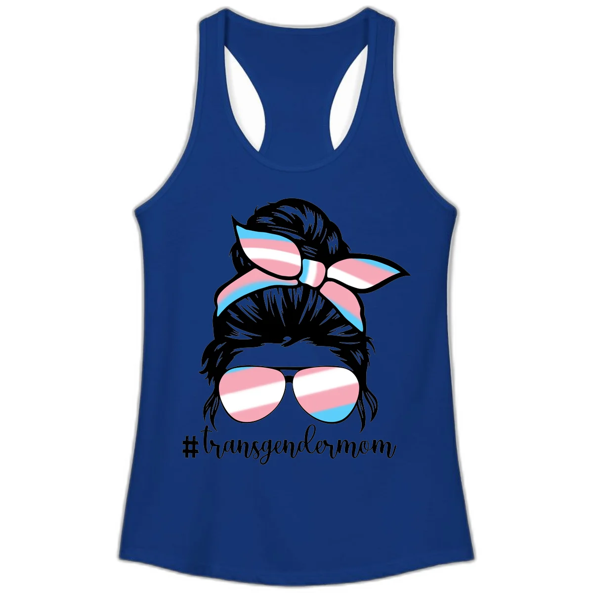 Stylized portrait with black hair, cat-eye sunglasses and bow in transgender flag colors, #transgendermom text below in Solid Royal