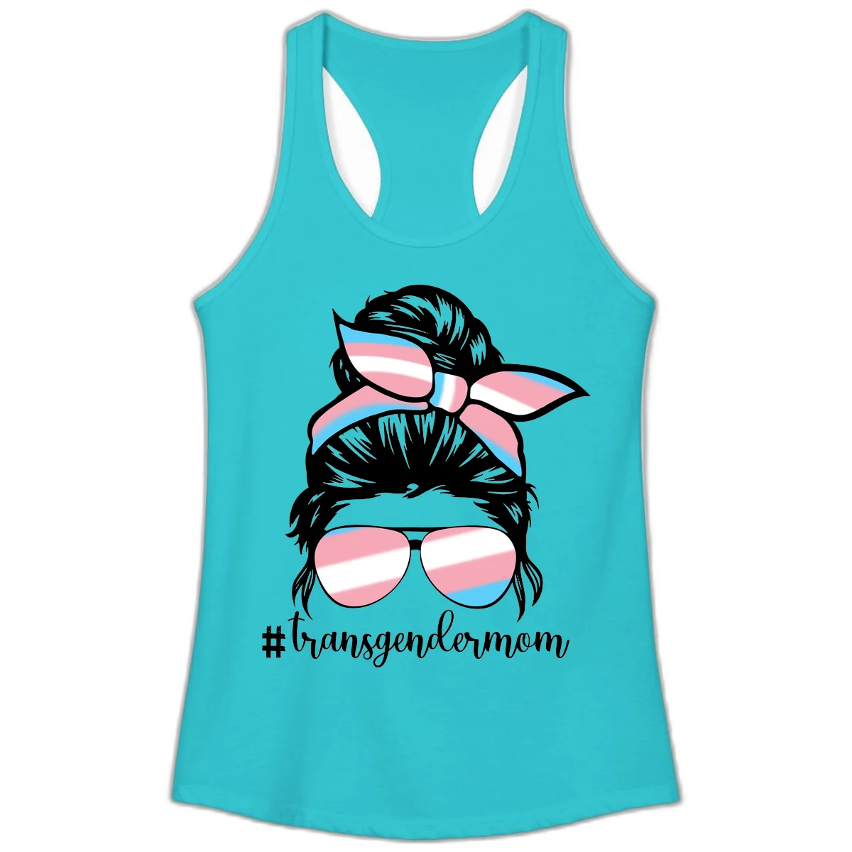 Stylized portrait with black hair, cat-eye sunglasses and bow in transgender flag colors, #transgendermom text below in Solid Tahiti Blue