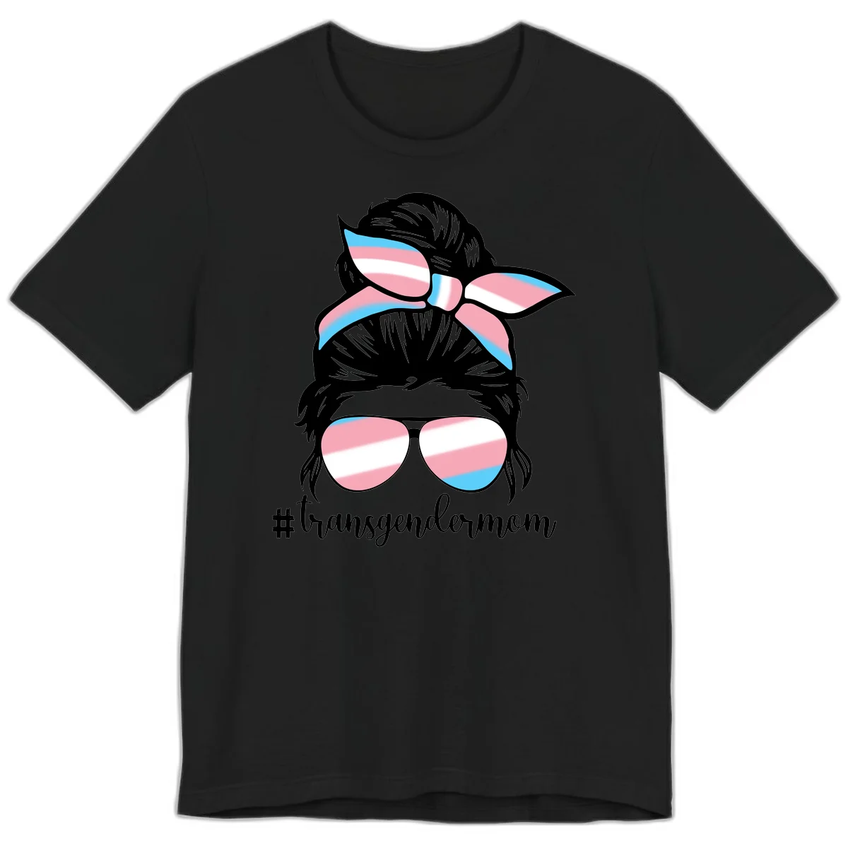 Stylized portrait with black hair, cat-eye sunglasses and bow in transgender flag colors, #transgendermom text below in Black