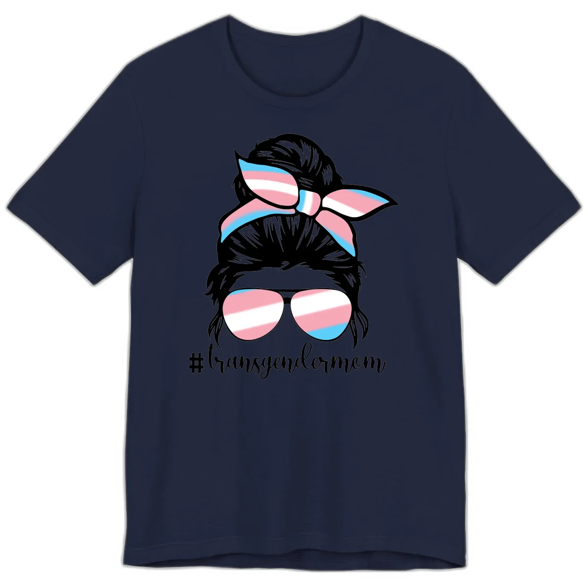 Stylized portrait with black hair, cat-eye sunglasses and bow in transgender flag colors, #transgendermom text below in Navy