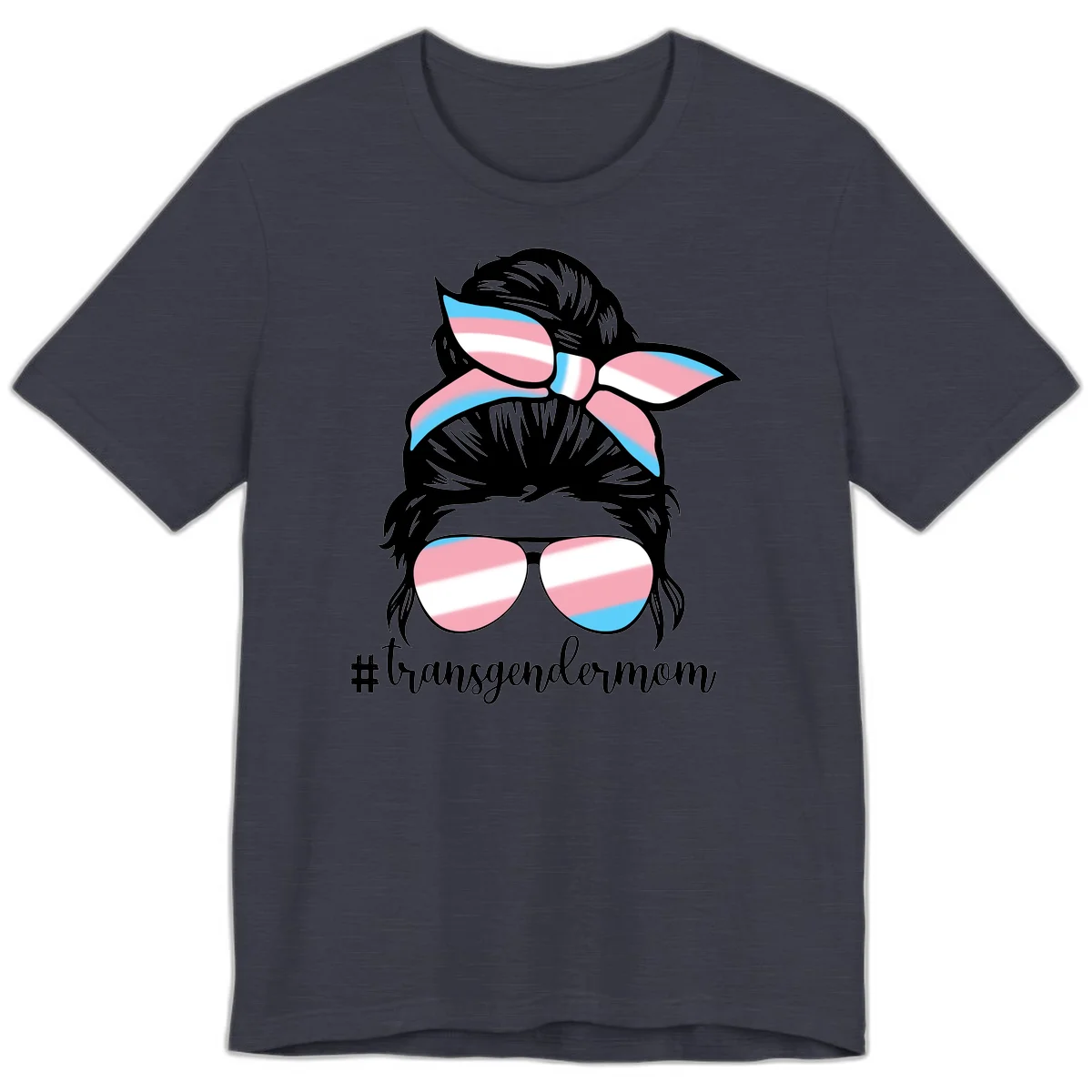 Stylized portrait with black hair, cat-eye sunglasses and bow in transgender flag colors, #transgendermom text below in Heather Midnight Navy
