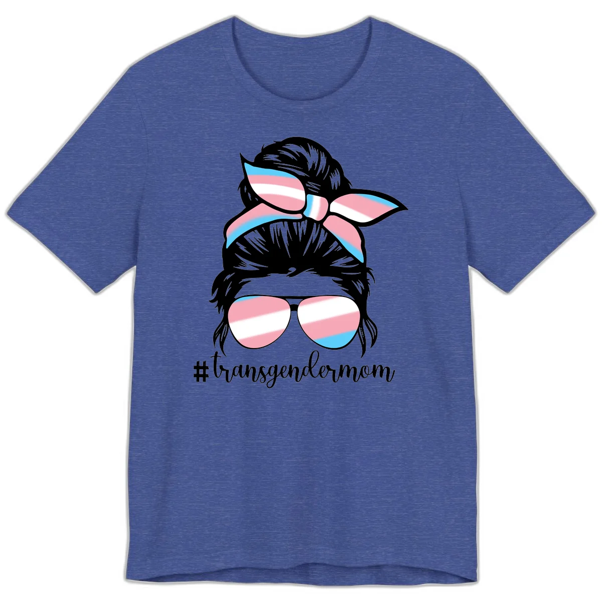 Stylized portrait with black hair, cat-eye sunglasses and bow in transgender flag colors, #transgendermom text below in Heather True Royal