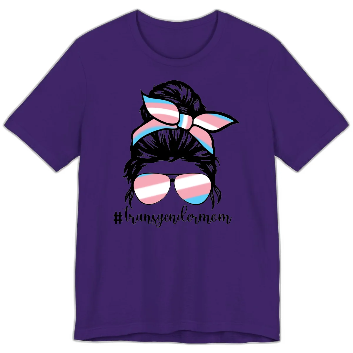Stylized portrait with black hair, cat-eye sunglasses and bow in transgender flag colors, #transgendermom text below in Team Purple