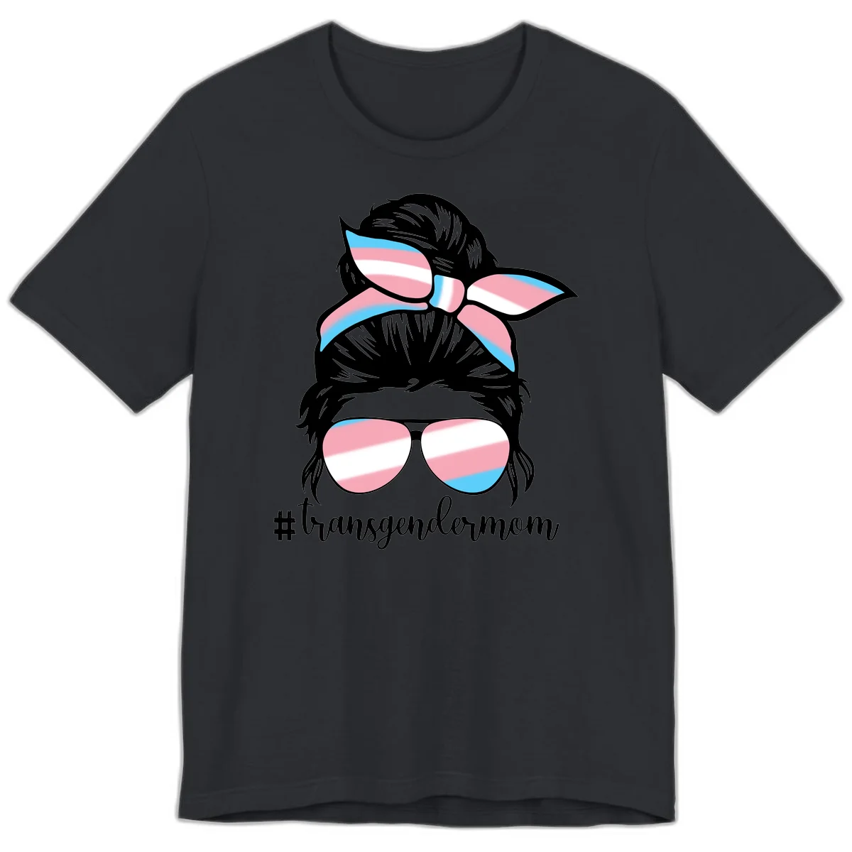 Stylized portrait with black hair, cat-eye sunglasses and bow in transgender flag colors, #transgendermom text below in Vintage Black